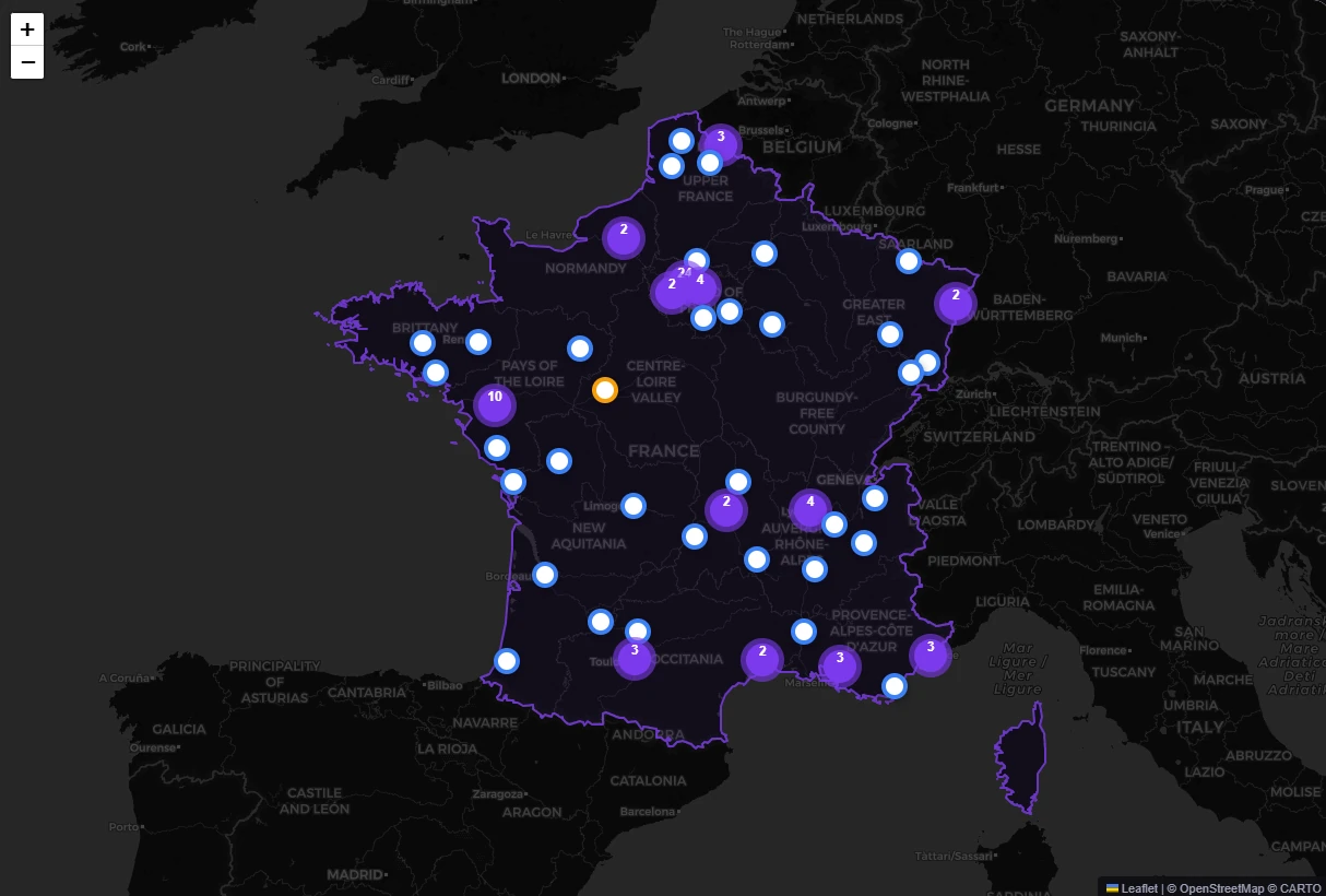 Carte interactive d'Orion Scale : prospects et clients répartis sur la France